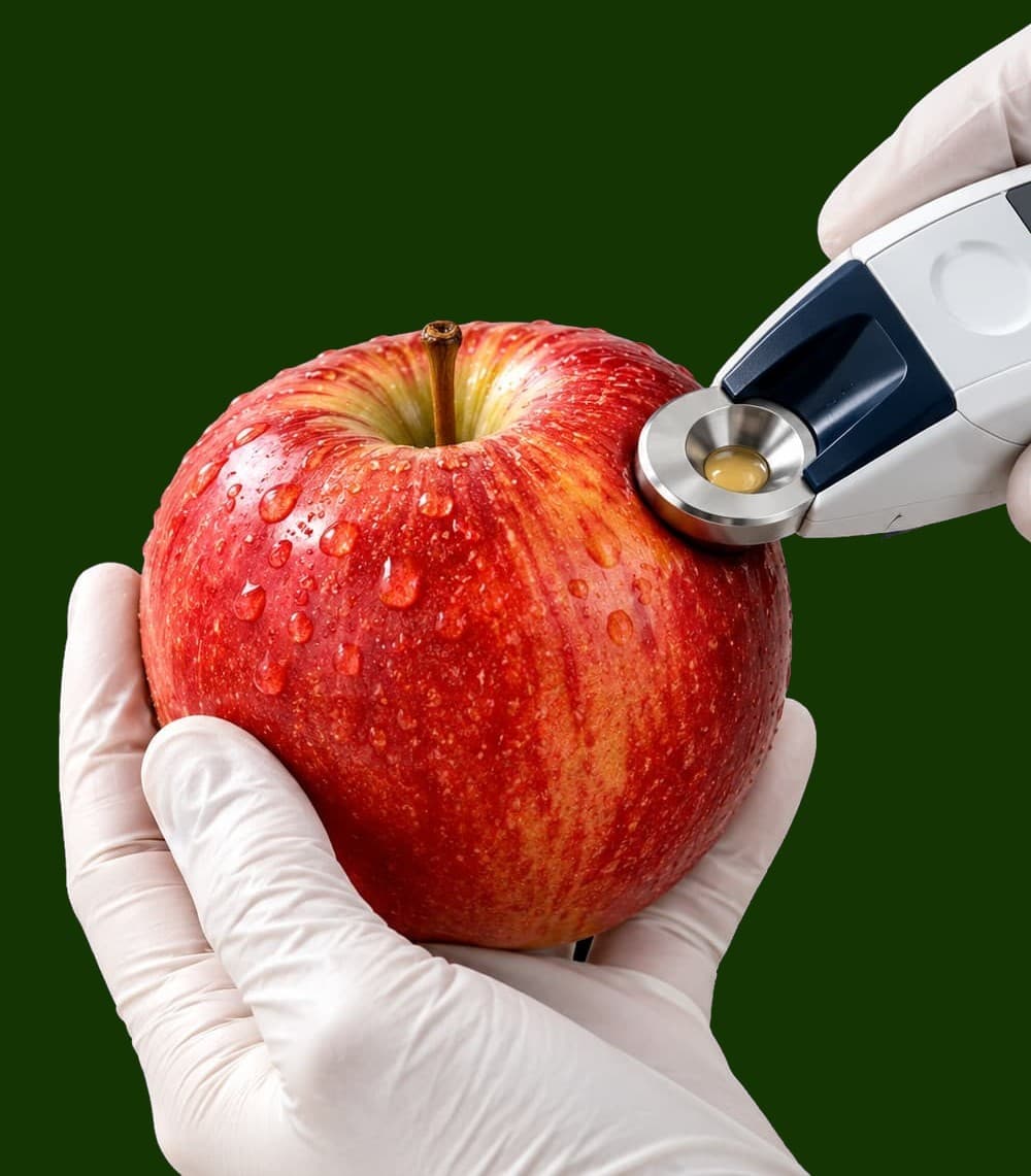 A gloved hand tests a red apple with a refractometer